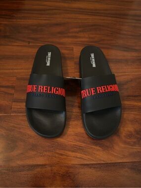True Religion Black Slides with Red Logo Strap